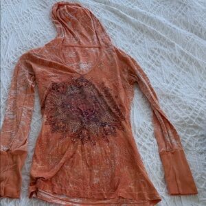 Rust Orange Hooded Lace-Effect Women's Top